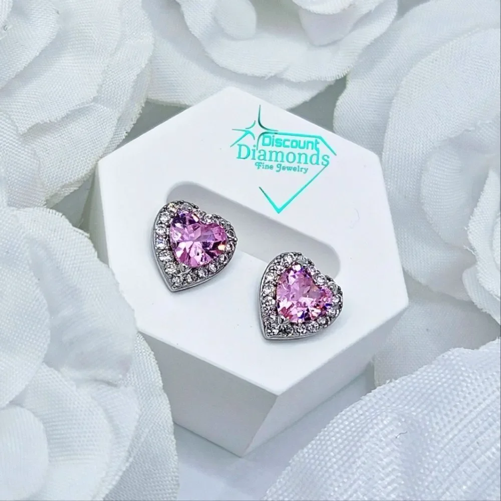 Heart Shaped Pink & Clear White Natural Topaz  Earrings on 925 Silver
